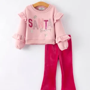Girls Christmas Outfit – Pink “Santa Baby” Ruffle Sweatshirt & Velvet Bell-Bottom Pants Set