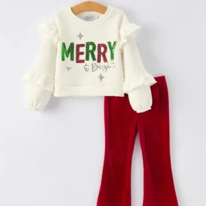 Holiday Party Girls Christmas Outfit Ruffle Top & Velvet Pants