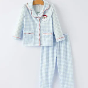 Blue Christmas Santa Embroidery Plaid Girls Pajamas Set
