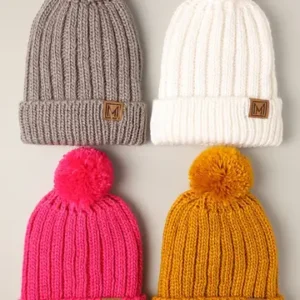 Winter Rib Knitted Sherpa Lined Pom Pom Beanie Hat
