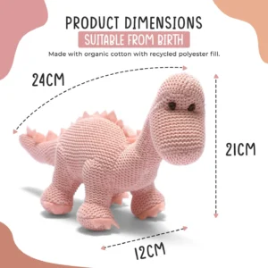 Knitted Organic Cotton Pink Diplodocus Dinosaur Baby Rattle