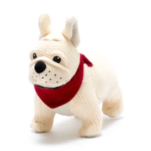 Bulldog Soft Toy Teddy in Knitted Cream Fabric with Collar
