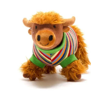 Knitted Highland Cow Soft Toy in Stripe Jumper