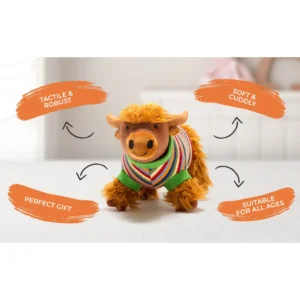 Knitted Highland Cow Baby Rattle with Stripe Jumper small