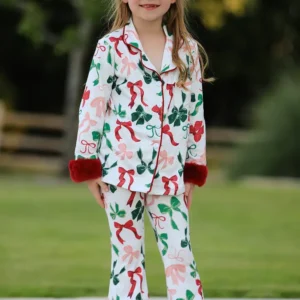 Holiday Bow Print Christmas Pajama Set – Girls Cozy Red Trim Sleepwear