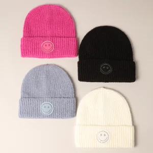 Happy Face Patch Ribbed Cuff Beanie