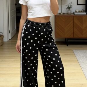 Wide-leg polka dot pants with contrasting stripes