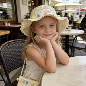 Girl's straw hat and bag set with pompoms and lace