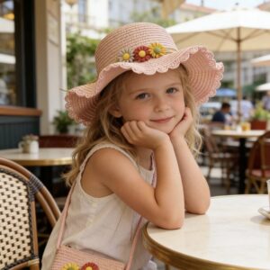 Set girl straw hat and bag with flower and ladybug