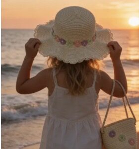 Set girl straw hat and bag with flower