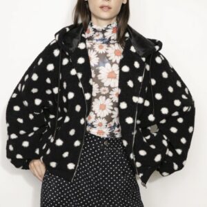Polka dot sherpa zip-up hoodie with puff sleeves